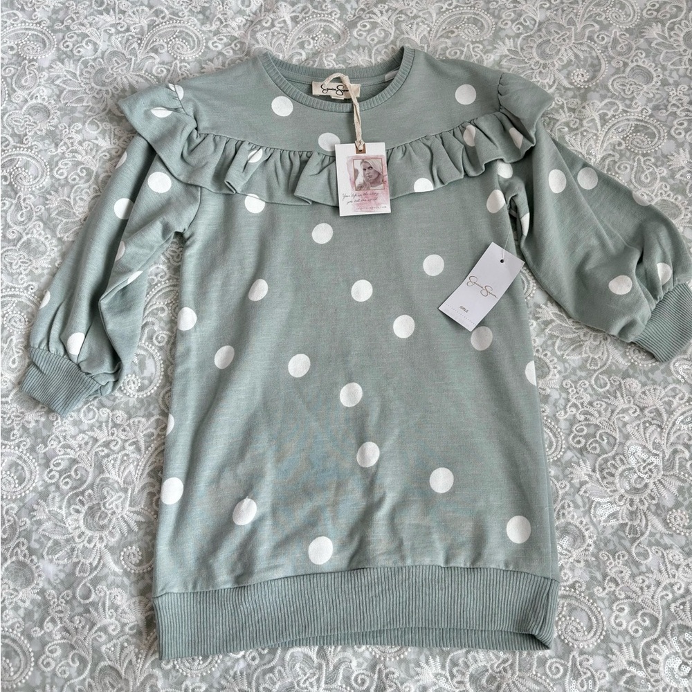 Size 4 Jessica Simpson white polka dots green sweater dress